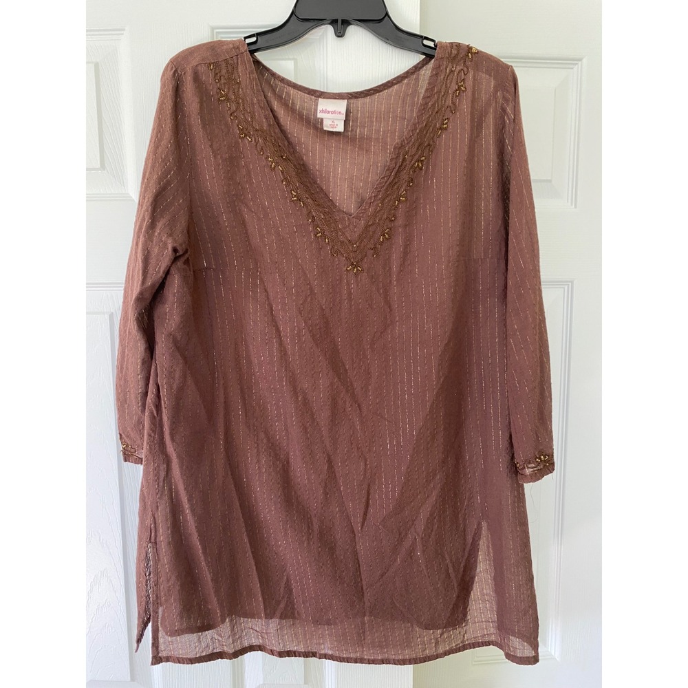 Xhilaration Tunic Top Womens XL Brown Boho Beaded Gold Metallic Stripe V-Neck